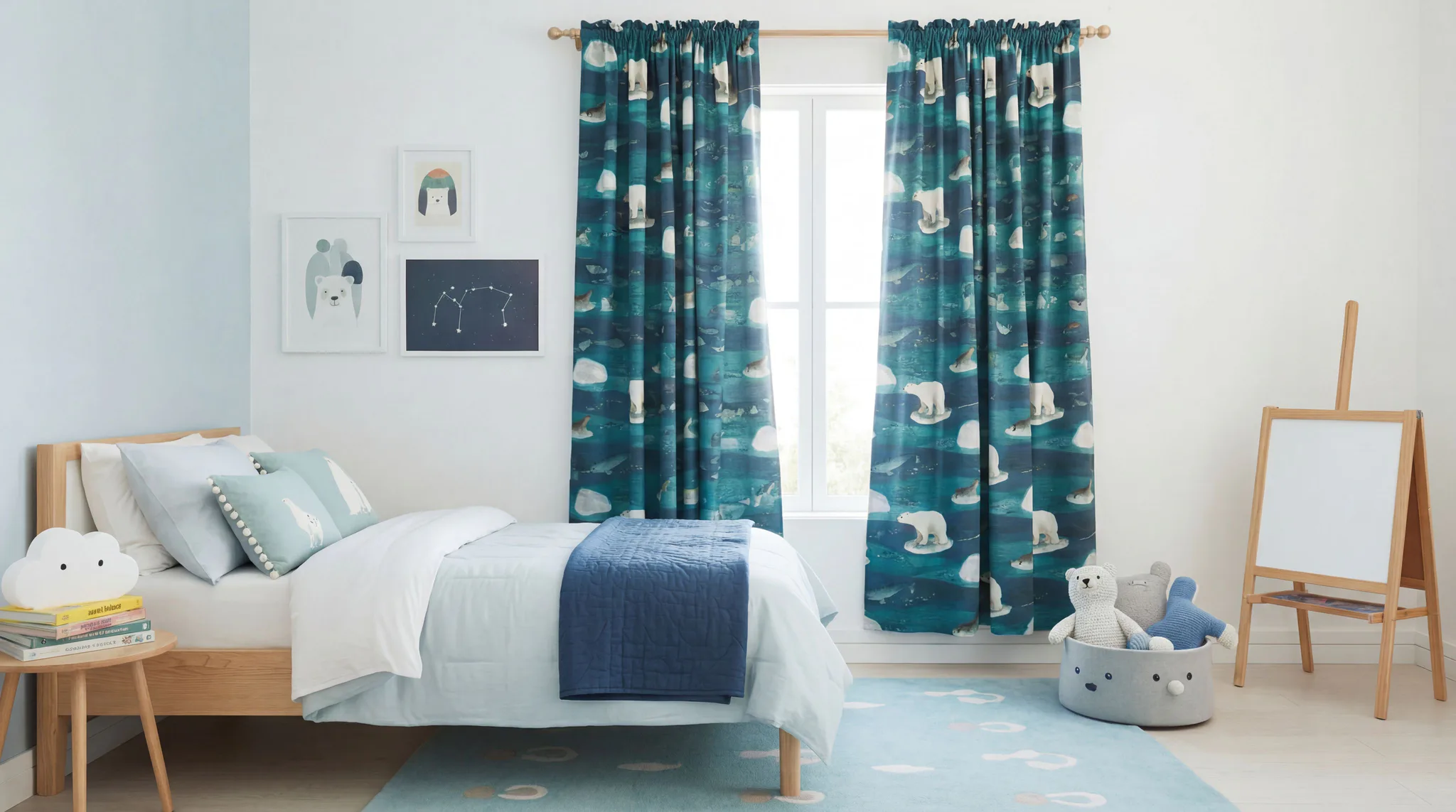 Modern children's bedroom featuring teal curtains with white polar bear print, wooden bed with blue and white bedding, framed animal artwork on pale blue walls, and wooden easel with toy storage ba...