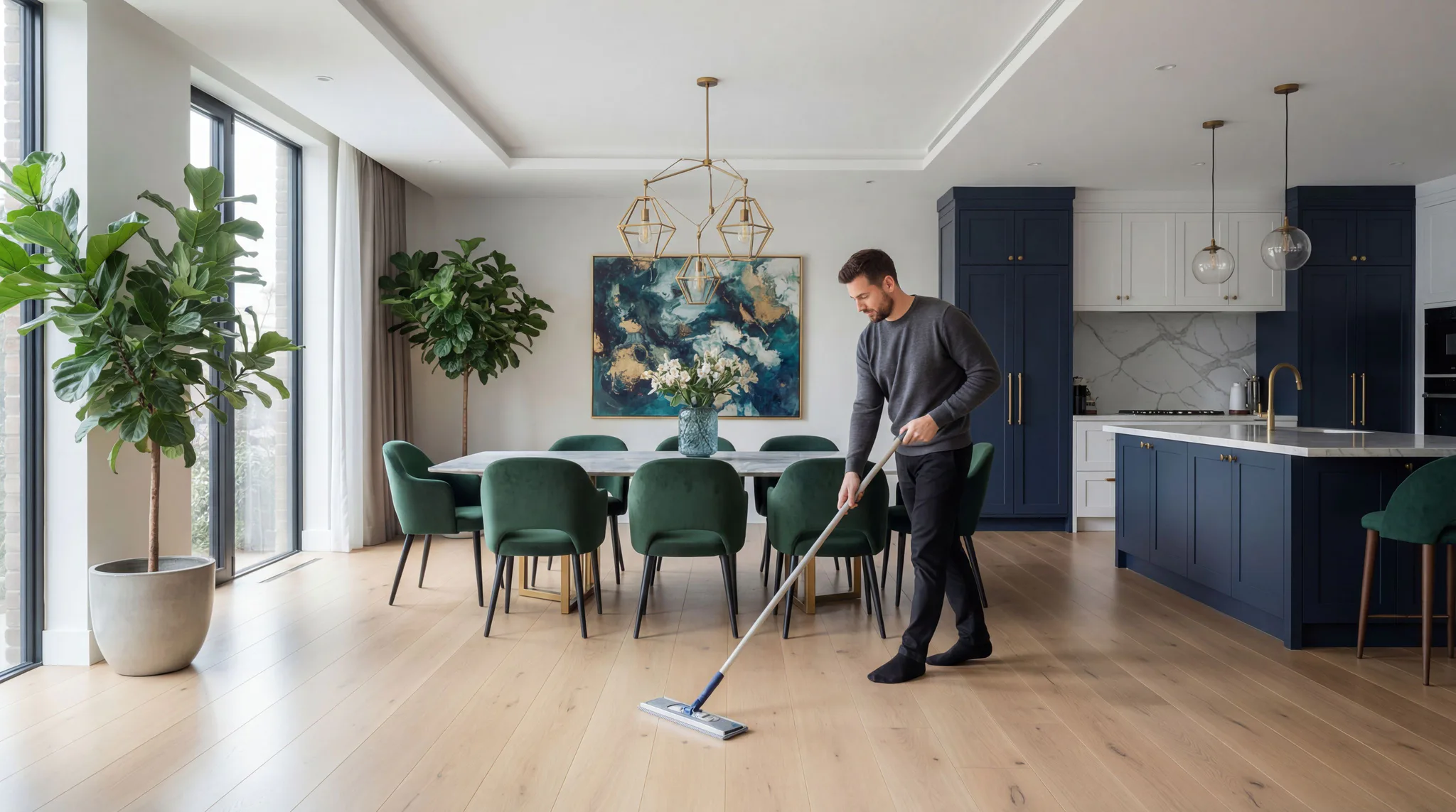 Man cleaning light wood hardwood floors with a dry mop in a modern open-concept kitchen and dining area featuring green velvet chairs and navy blue cabinetry