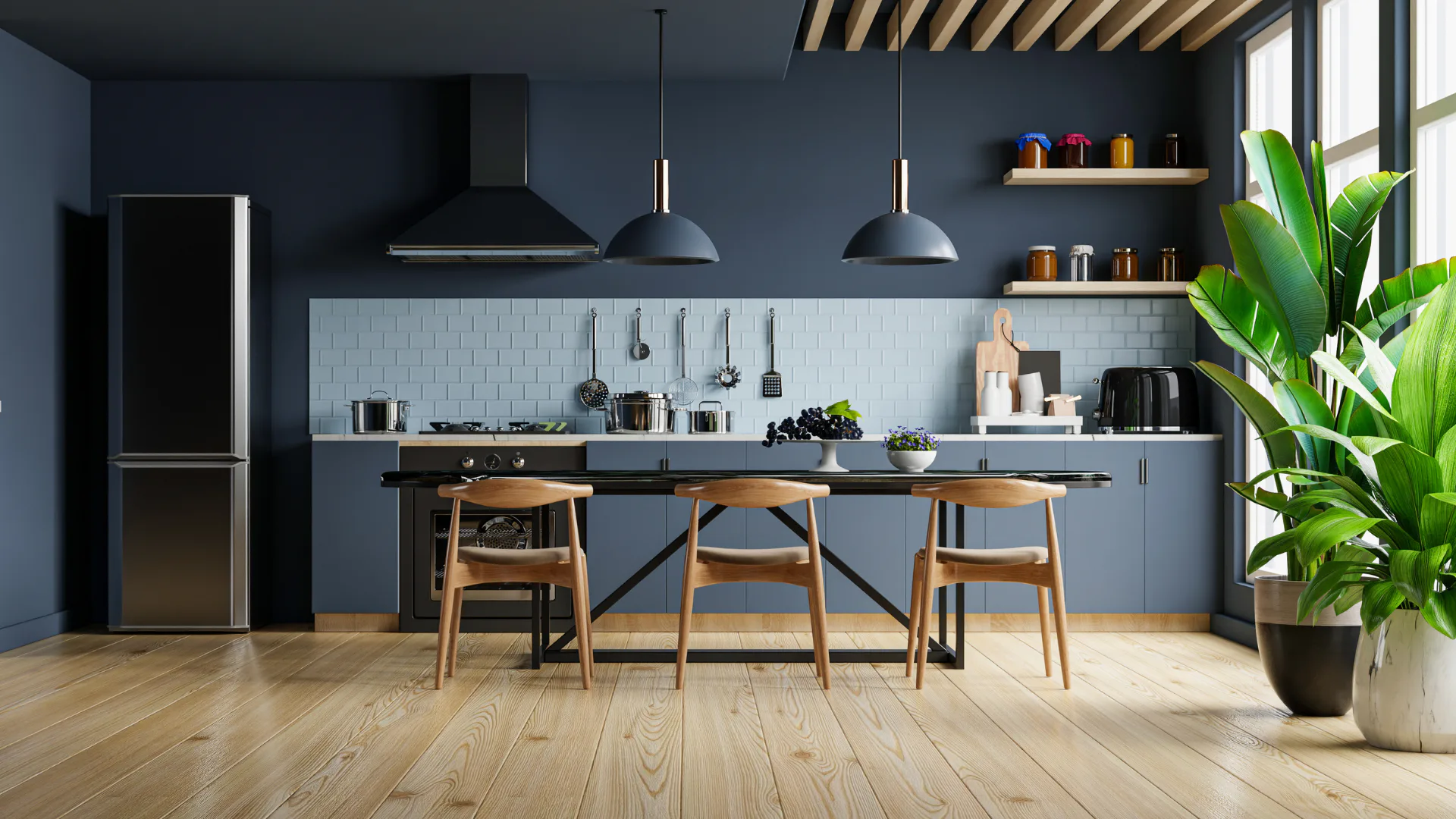 Modern kitchen featuring blue-gray walls, white subway tile backsplash, black pendant lights, wood countertop with three mid-century chairs, stainless steel appliances, open shelving, and potted pl...