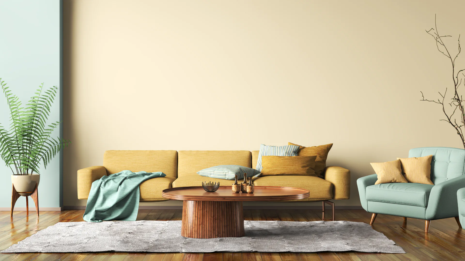 A mid-century modern living room featuring a mustard yellow sofa with throw pillows, a wooden oval coffee table, light blue armchair, potted fern plant, and decorative branches against a neutral cr...
