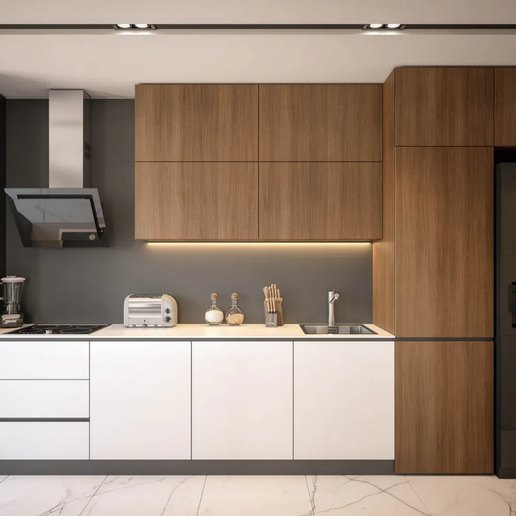 Contemporary kitchen featuring two-tone cabinetry with natural wood upper cabinets and white lower drawers, gray backsplash, under-cabinet lighting, marble flooring, and minimal countertop styling ...