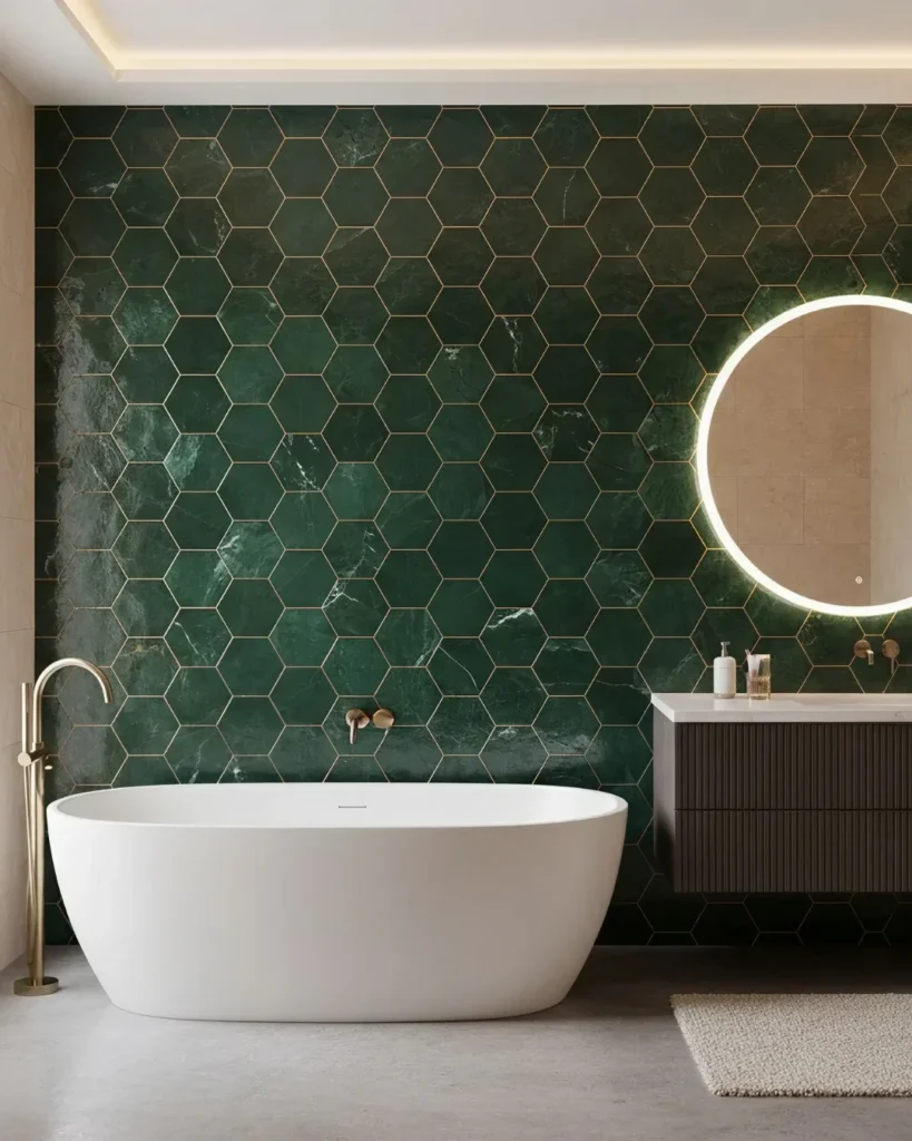 Luxury bathroom featuring a white freestanding bathtub positioned against a wall covered in dark green hexagonal tiles with gold grout lines, complemented by a circular illuminated mirror and woode...