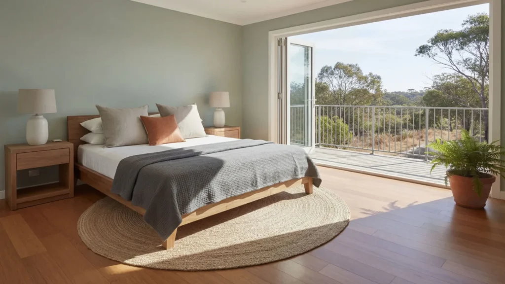Spacious bedroom featuring natural bamboo flooring, wooden bed frame, neutral bedding with orange accent pillow, oval area rug, wooden nightstands with lamps, and glass sliding doors opening to a b...