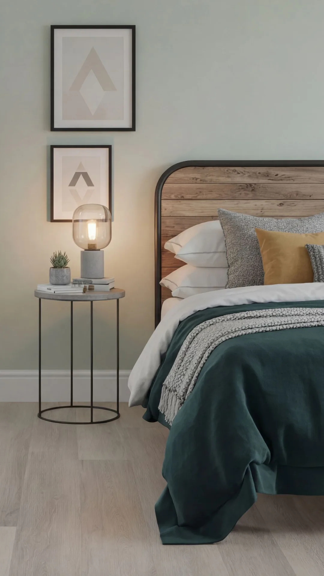 Contemporary bedroom featuring hybrid wood-look flooring, wooden bed frame, green bedding, decorative pillows, minimalist side table with table lamp, potted succulent, and geometric wall art above.
