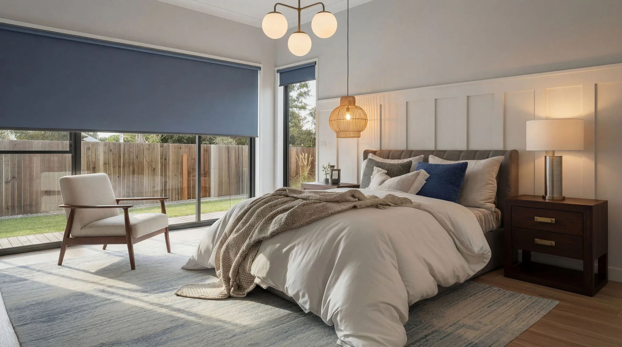 Spacious modern bedroom featuring grey roller blinds on large windows, neutral bedding with navy accent pillow, mid-century chair, pendant lighting, and view to wooden fence backyard