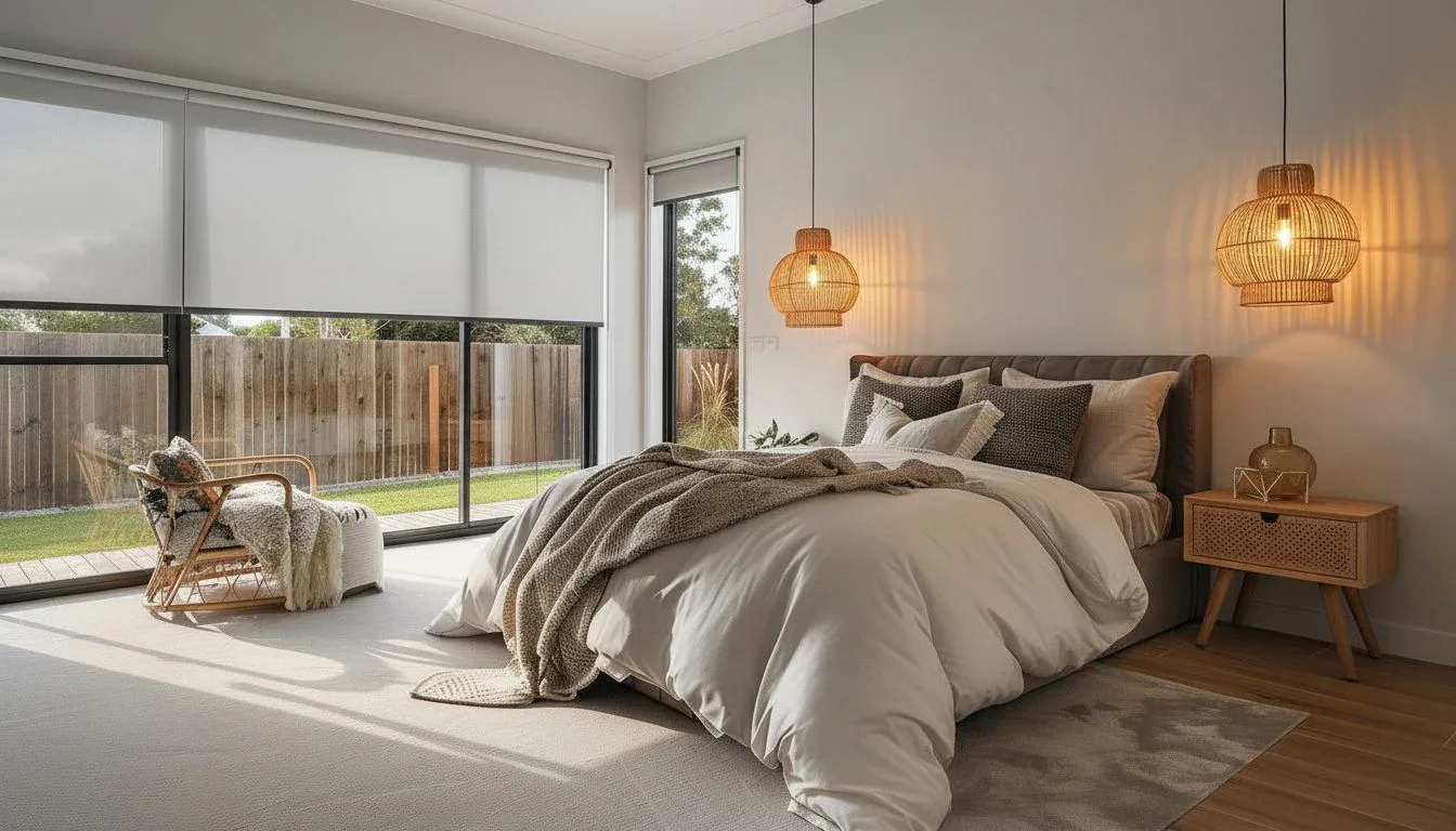 Contemporary bedroom featuring white roller blinds on large windows, wicker pendant lights casting warm shadows, neutral bedding, wooden nightstand, and garden views