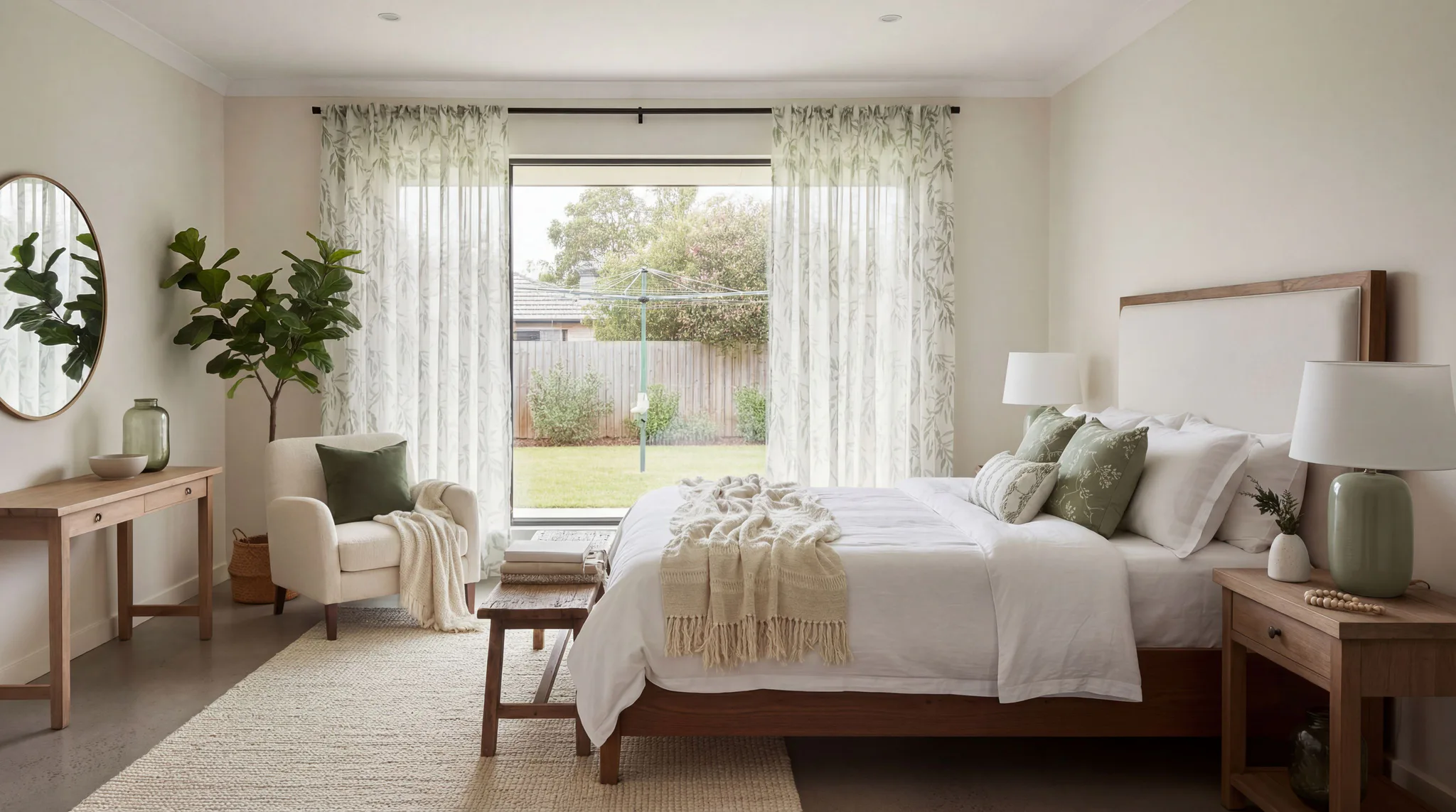 Bright modern bedroom featuring white upholstered bed, wooden furniture, and large window with white sheer curtains allowing natural light to filter through. Green accent pillows and indoor plants ...
