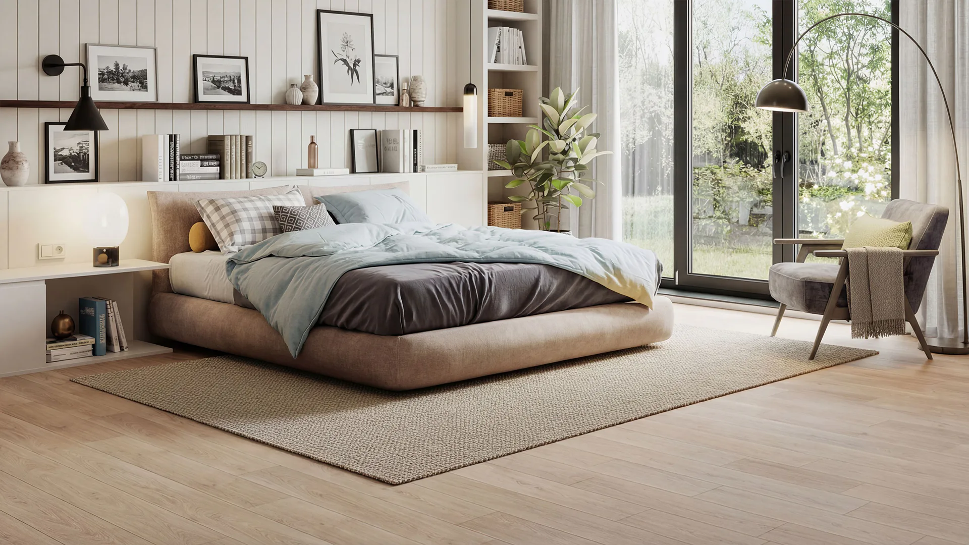 Spacious modern bedroom featuring light wood-look vinyl plank flooring, beige upholstered platform bed with blue bedding, built-in shelving with books and decor, arc floor lamp, and large windows o...