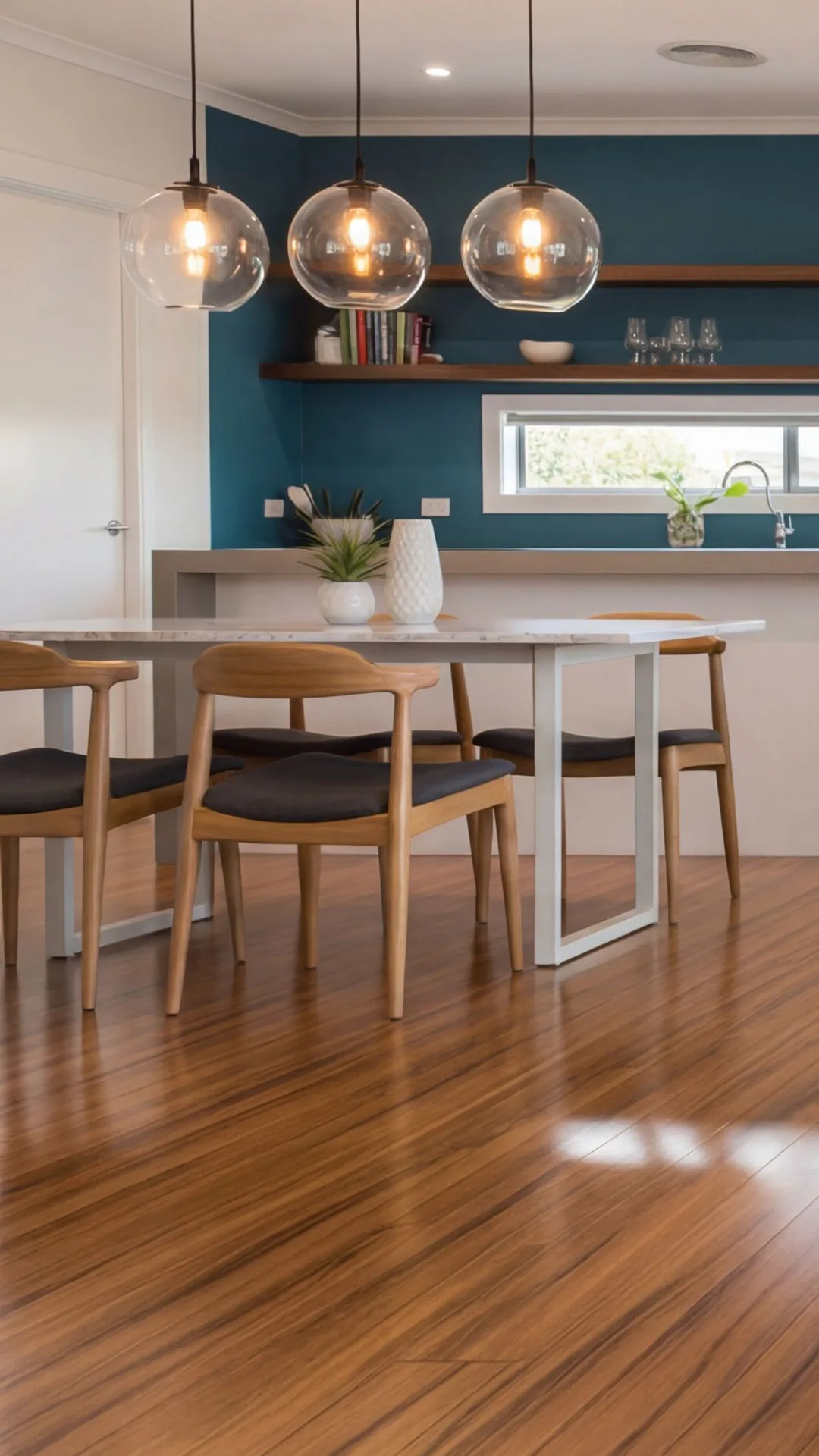 Contemporary dining room featuring warm bamboo flooring, a white dining table with wooden chairs, and three glass pendant lights hanging above the table against a teal accent wall.