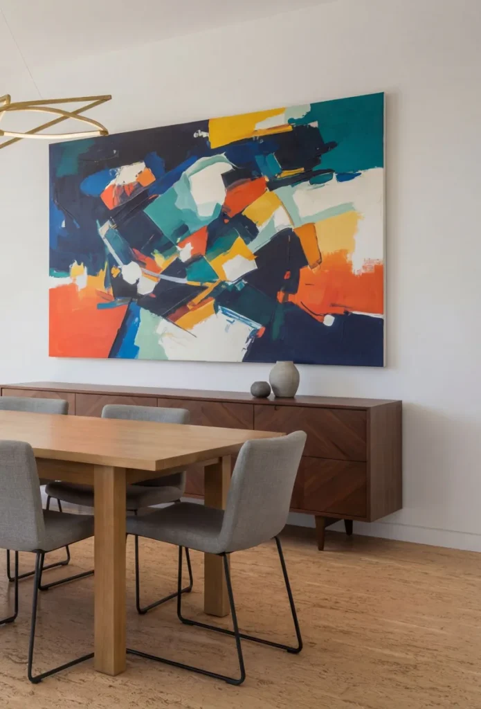 Contemporary dining space featuring natural cork flooring, light wood table with gray upholstered chairs, dark wood credenza with ceramic vases, and vibrant abstract artwork hanging on white wall
