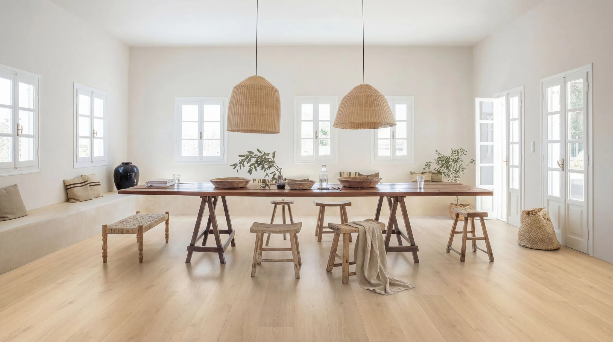 Bright dining room with light wood laminate flooring, wooden trestle table surrounded by rustic stools, wicker pendant lights, white walls with large windows, and woven basket decor