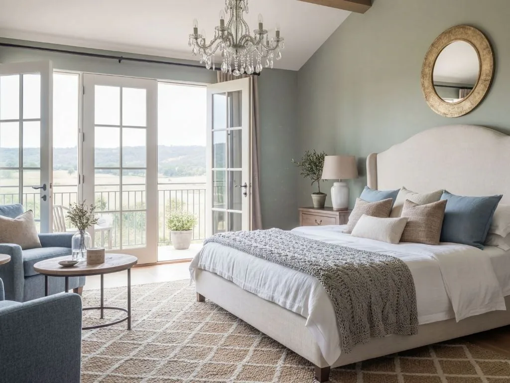 Elegant bedroom with cream upholstered bed, French doors opening to lake view balcony, crystal chandelier, round gold mirror, blue armchair, and neutral textiles throughout