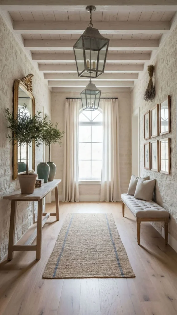 Bright hallway with exposed beam ceiling, white brick walls, wooden console table with potted plants and mirror, pendant lanterns, bench seating with cushions, and framed gallery wall art