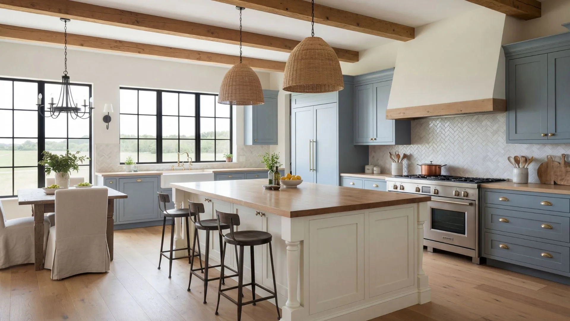 Spacious open-concept kitchen featuring a cream-colored center island with wood countertop, woven pendant lights, blue-gray cabinetry, stainless steel appliances, exposed wooden beams, and black-fr...