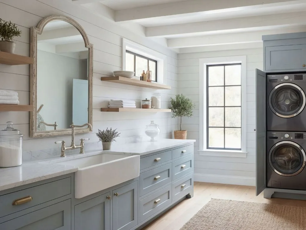 Bright laundry room with blue-gray cabinetry, white shiplap walls, arched mirror, farmhouse sink, floating shelves, stacked washer-dryer, and natural light from french doors.