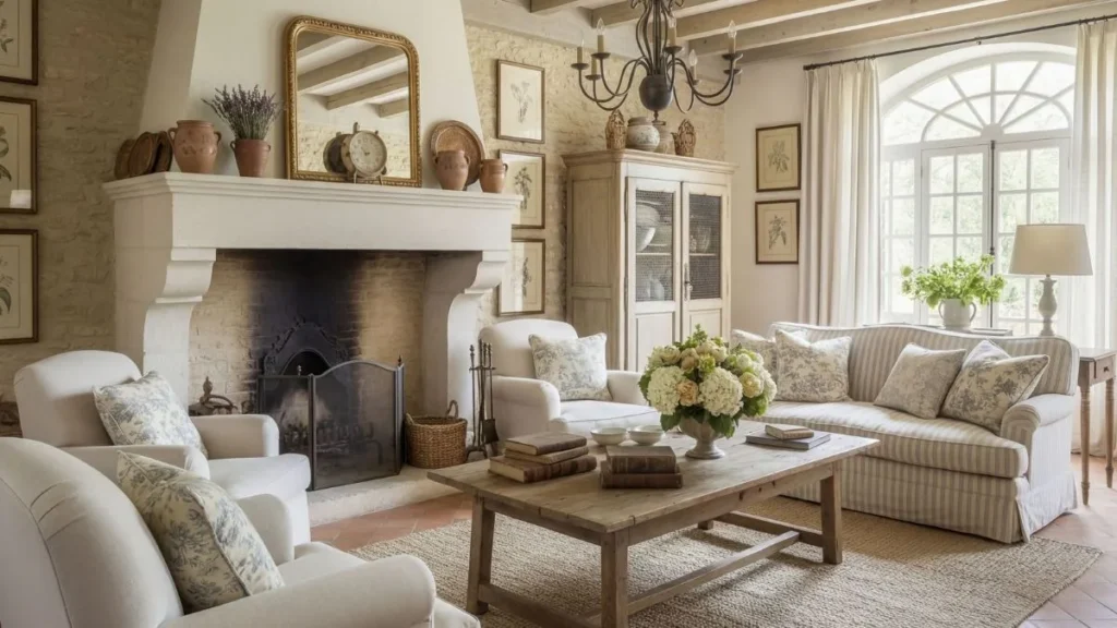 Elegant living room featuring a white marble fireplace with decorative mantel, cream upholstered seating, patterned throw pillows, wooden coffee table with hydrangea arrangement, large arched windo...