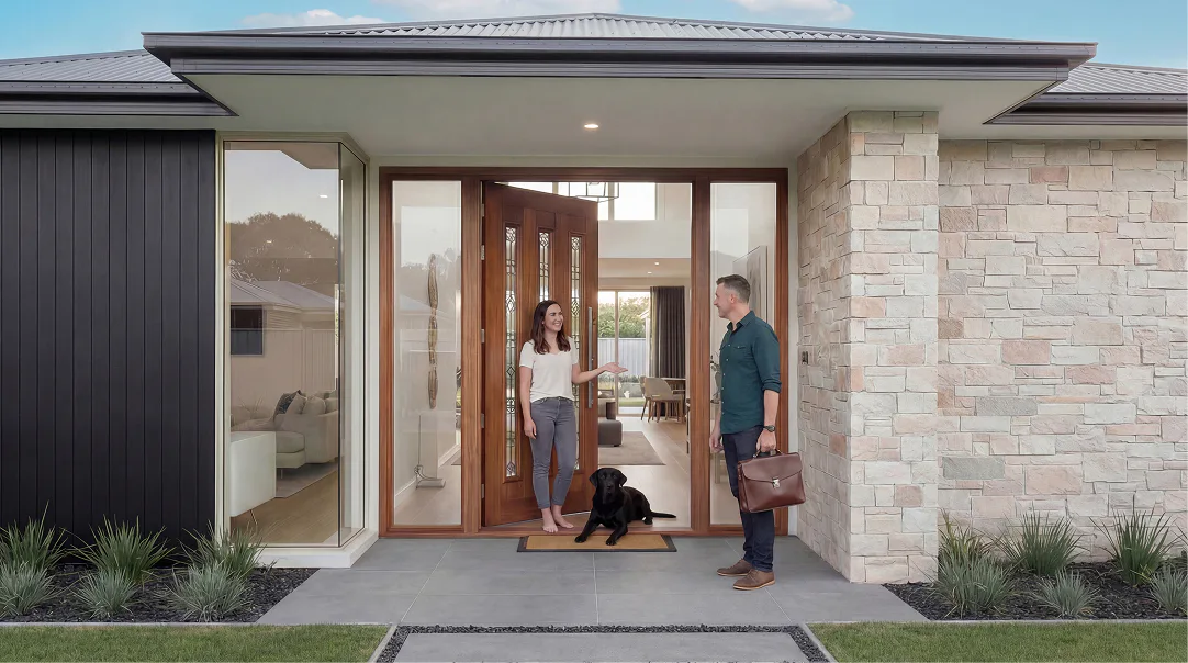 Woman and man greeting at modern home entrance with stone and dark cladding exterior, with black dog at doorway, representing local customer service and home consultation