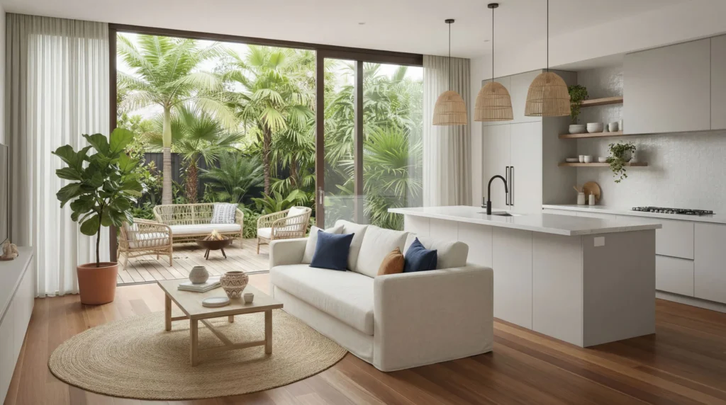 Open-plan kitchen and living room featuring warm engineered timber flooring, white island bench, wicker pendant lights, cream sofa with navy cushions, and large windows overlooking tropical garden