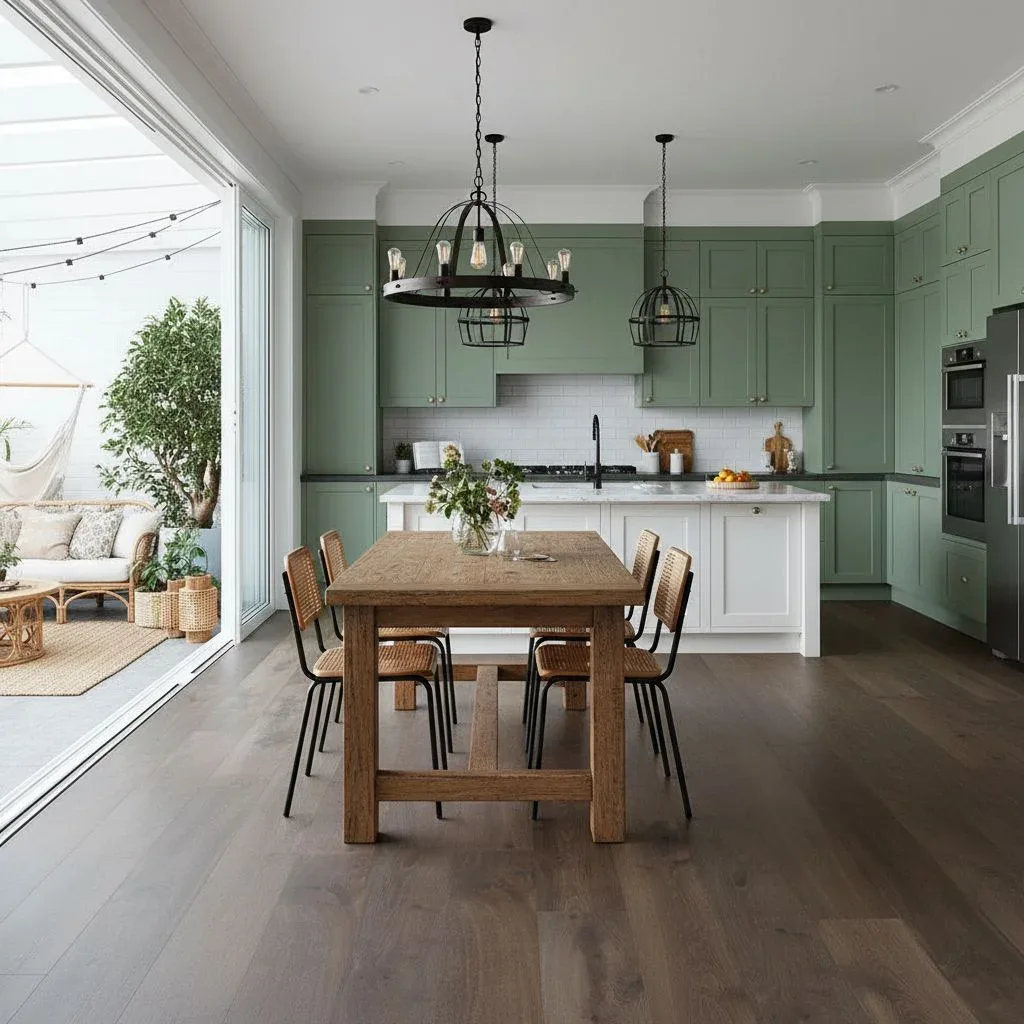 Contemporary kitchen featuring sage green upper and lower cabinets, white island, dark timber flooring, wooden dining table with woven chairs, and black pendant lighting