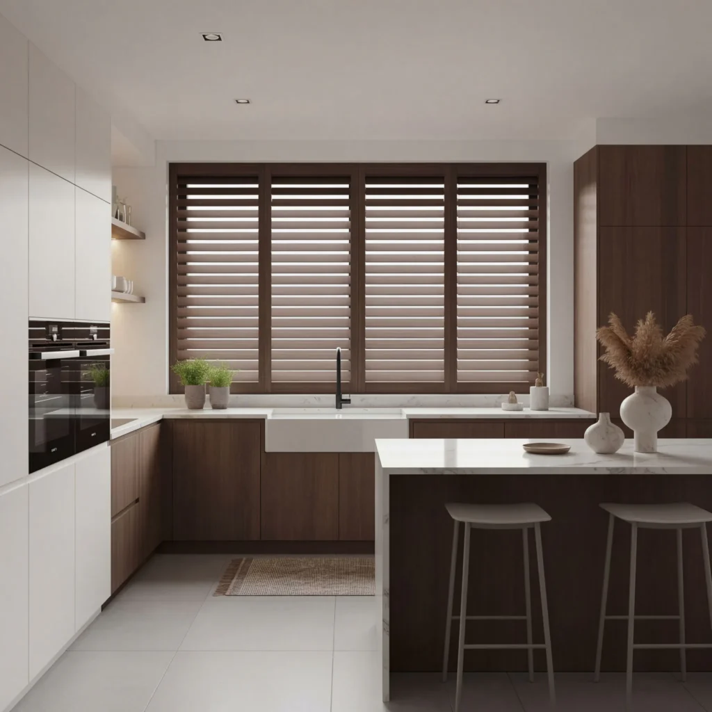 Contemporary kitchen featuring wide-louvre timber plantation shutters covering large window, white and dark wood cabinetry, marble countertops, and breakfast bar with two stools