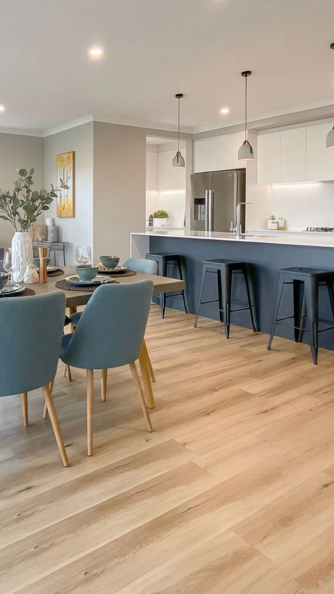 Modern open-plan kitchen featuring light wood vinyl plank flooring, white cabinets, blue island with bar stools, pendant lights, and dining area with blue upholstered chairs