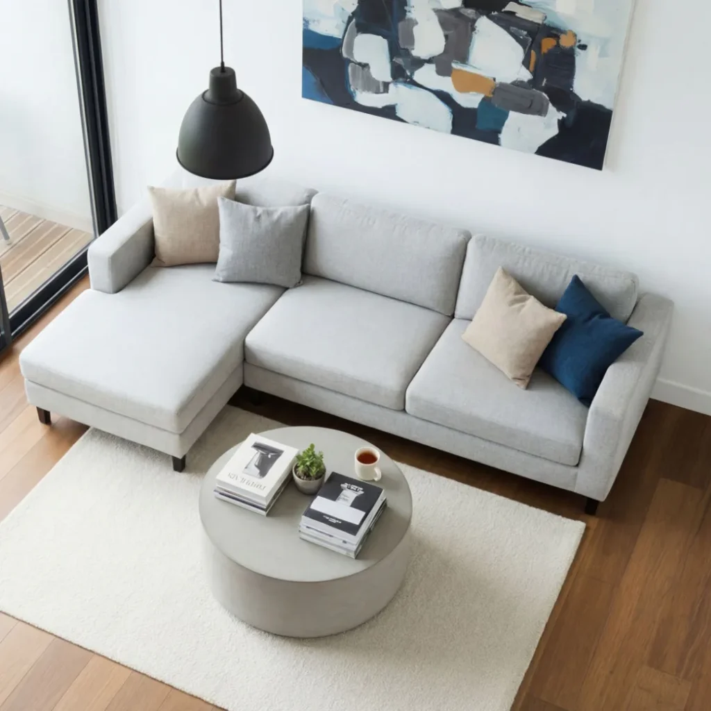 Contemporary living room featuring light gray sectional sofa with throw pillows, round white table with magazines and succulent plant, black pendant lamp, and hardwood flooring visible near window ...
