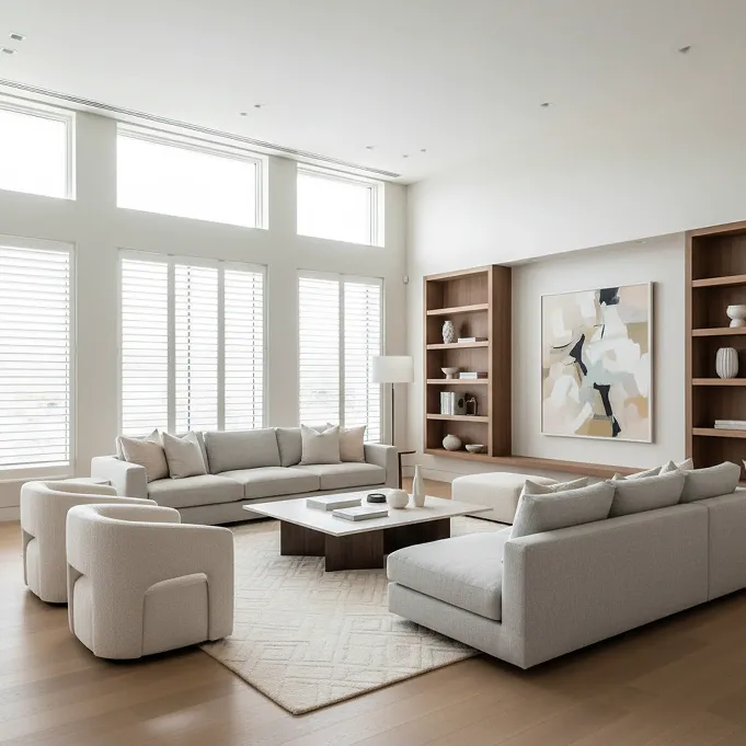 Spacious modern living room featuring light gray sectional sofas arranged around a dark wood coffee table on a neutral area rug, with built-in wooden shelving and large windows with white blinds.