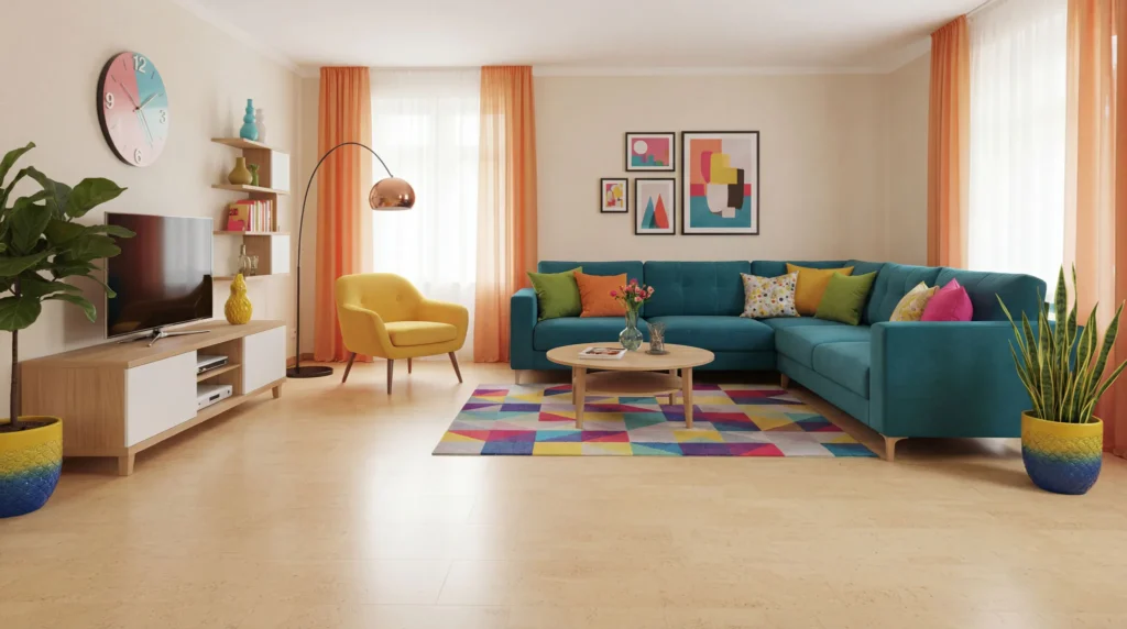 Bright living room featuring a teal sectional sofa with colorful pillows, wooden cork flooring, a yellow mid-century chair, colorful geometric area rug, and orange curtains with artwork and plants.