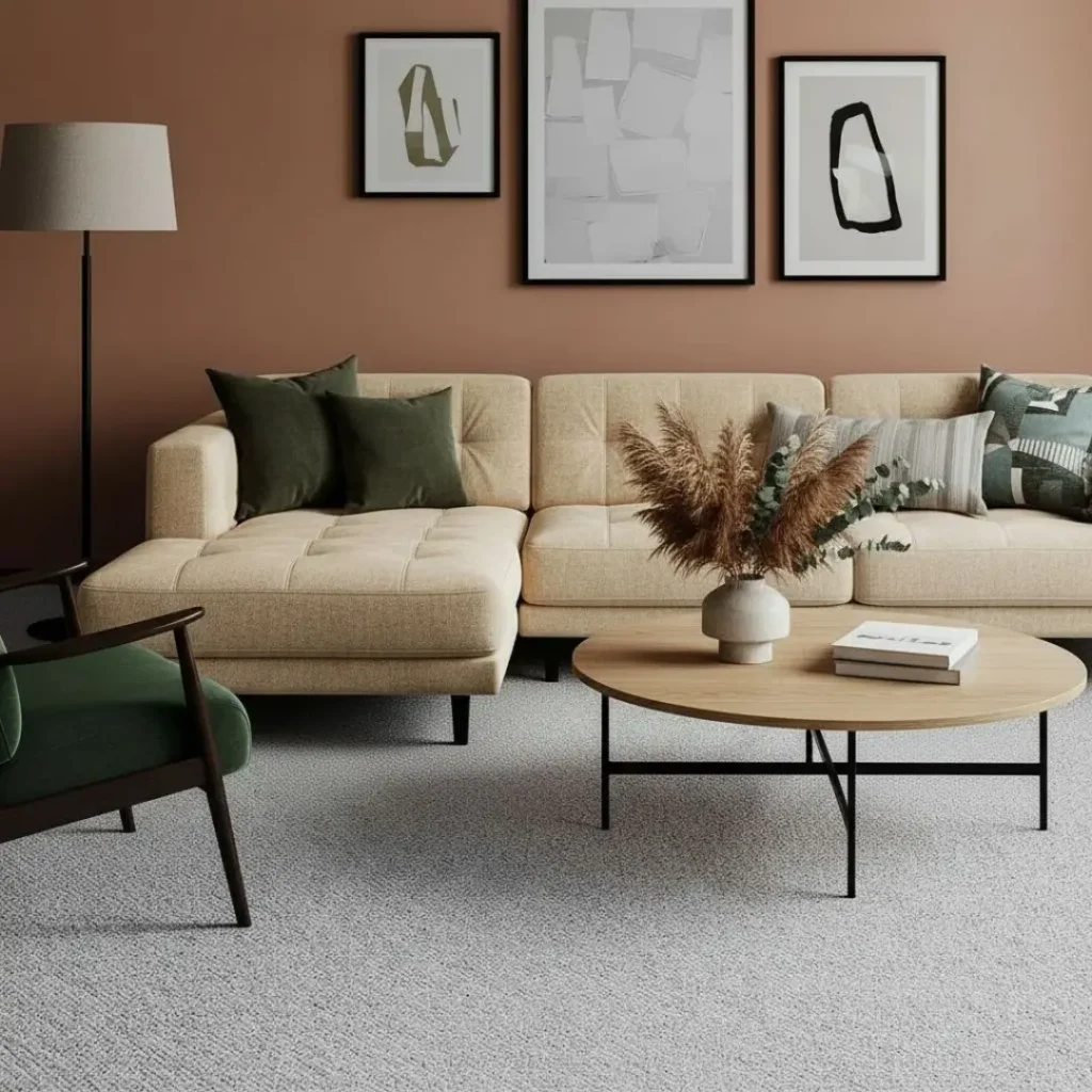 Modern living room with a beige sectional sofa, a green armchair, and a light gray carpet.