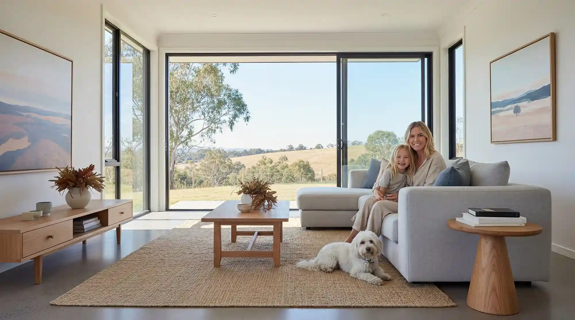 Bright modern living room featuring a blonde mother and daughter sitting on a gray sectional sofa with a small white dog on a large neutral woven rug, overlooking countryside views.