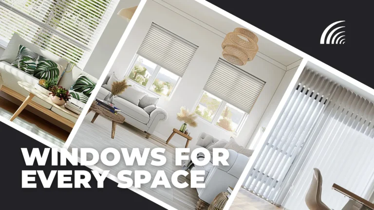 Bright living room interior showcasing multiple window treatment styles including pleated shades, vertical blinds, and natural fiber shades on large windows with contemporary furnishings.