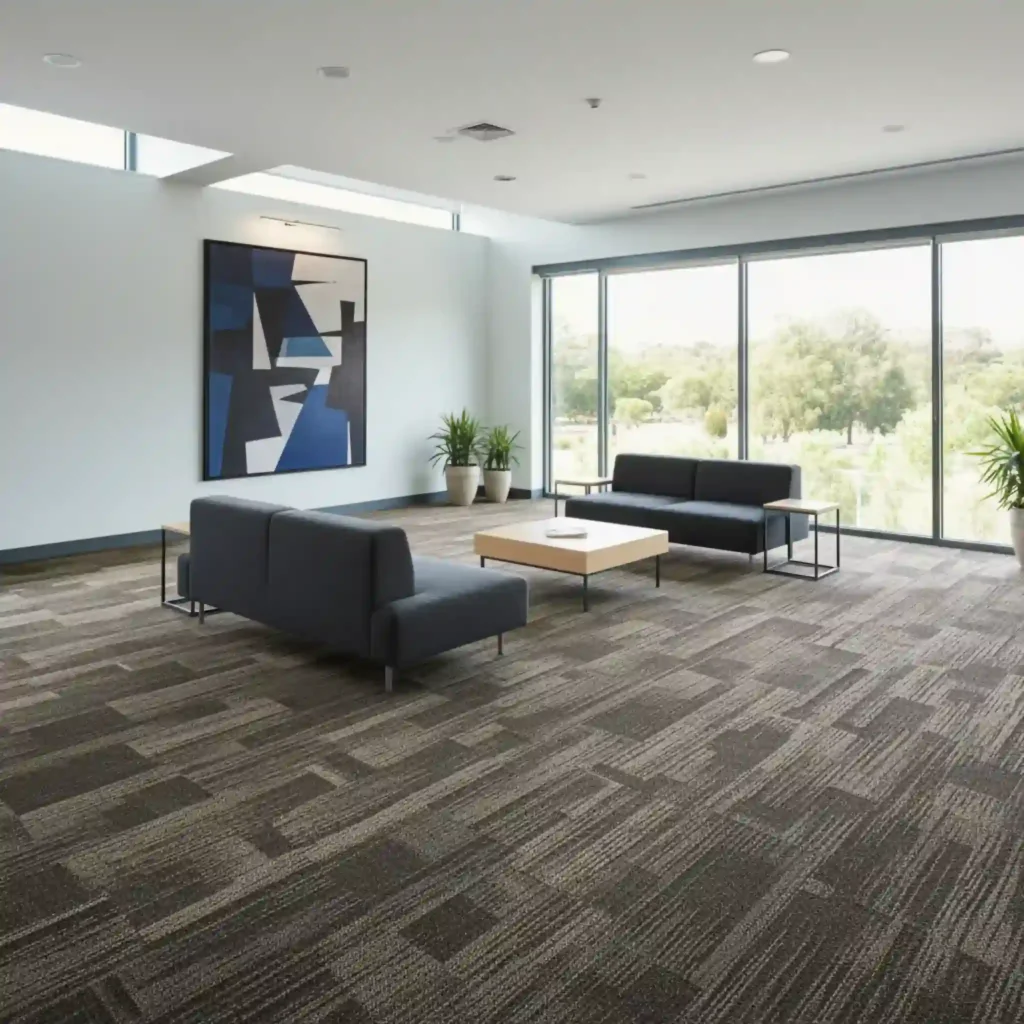Spacious modern office lobby featuring gray modular carpet tiles in geometric patterns, dark gray upholstered seating, abstract blue artwork, and floor-to-ceiling windows with natural light