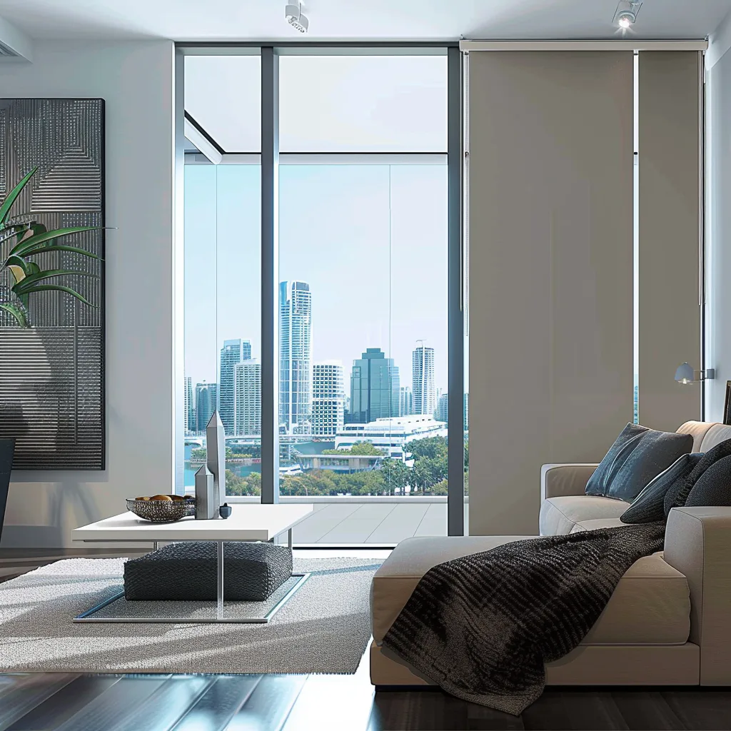 Contemporary living room featuring beige panel glide blinds on floor-to-ceiling windows overlooking a city skyline, with modern furniture and geometric wall art
