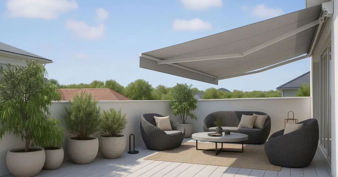 Gray retractable awning extends over modern rooftop terrace with dark wicker furniture, white coffee table, and large planters containing green plants