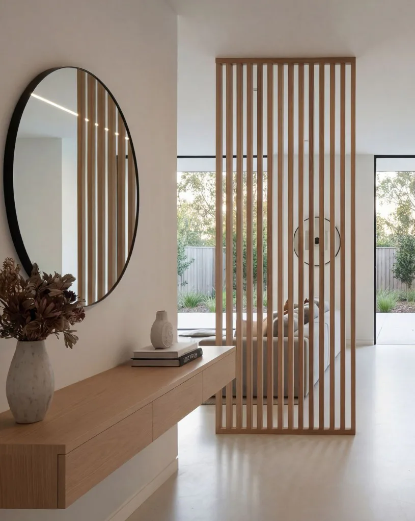 Minimalist scandinavian entryway featuring a light wood console table with potted dried flowers, ceramic vase, and stacked books beside an oval black-framed mirror, with a tall wooden slat partitio...
