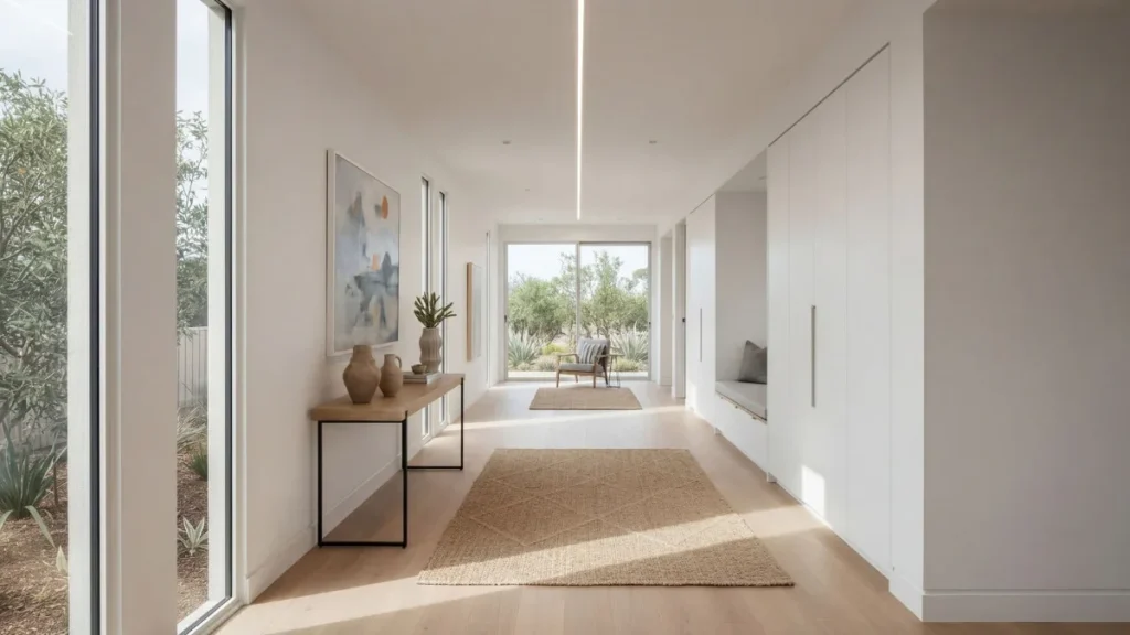 Bright minimalist hallway featuring white walls, wooden console table with ceramic vessels, beige linen runner rug, linear ceiling light, and large glass doors opening to outdoor seating area with ...