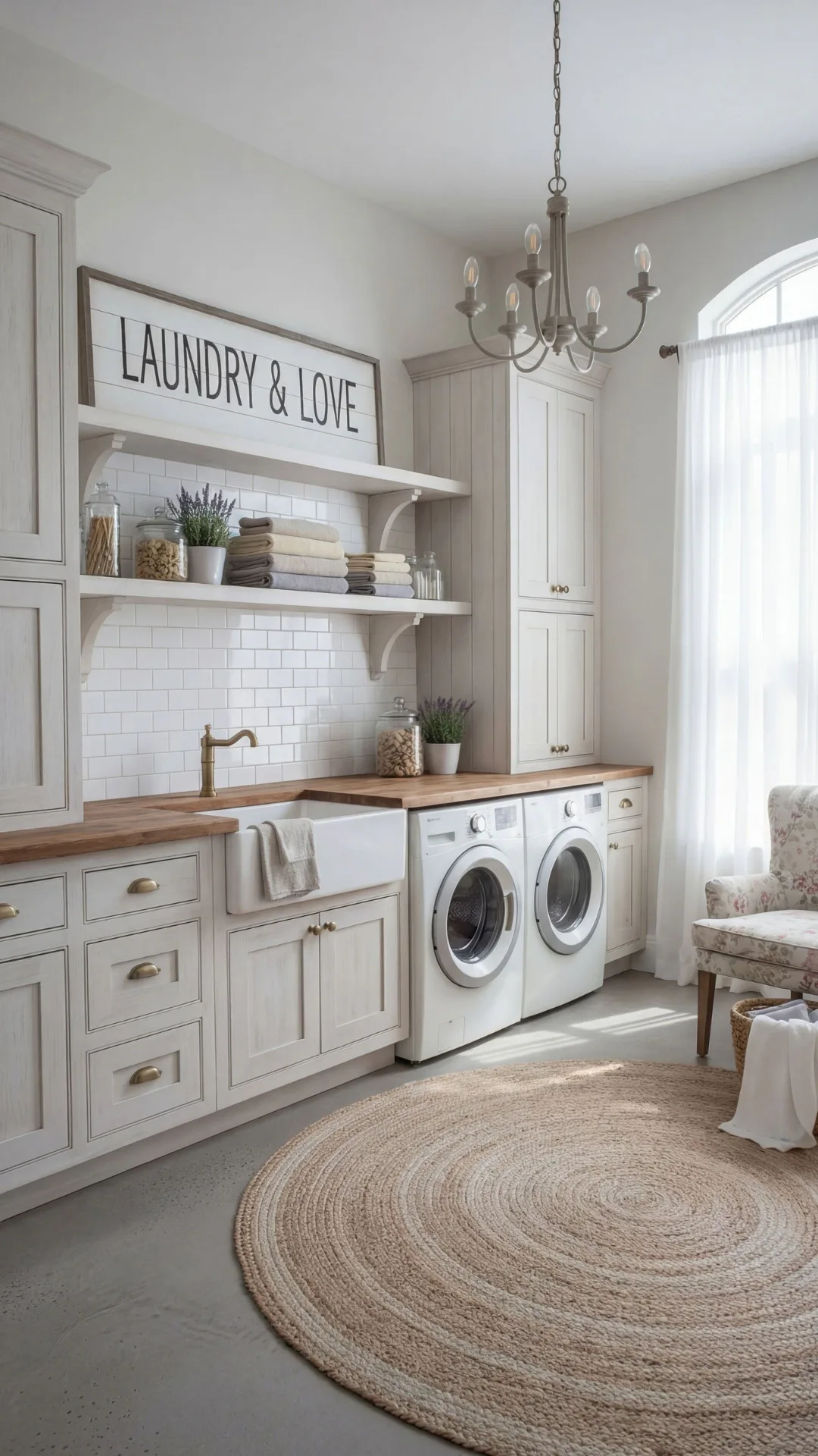 Elegant laundry room featuring white cabinets, farmhouse sink, two front-load washers, floating shelves with 'Laundry & Love' sign, folded towels, and decorative plants under white subway tile back...