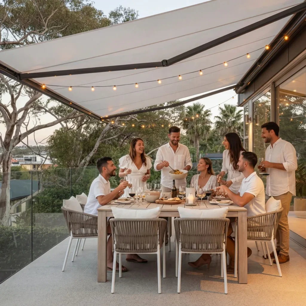 Group of six friends enjoying dinner under a beige retractable awning on a modern patio. String lights illuminate the scene as they gather around a wooden dining table with wicker chairs.