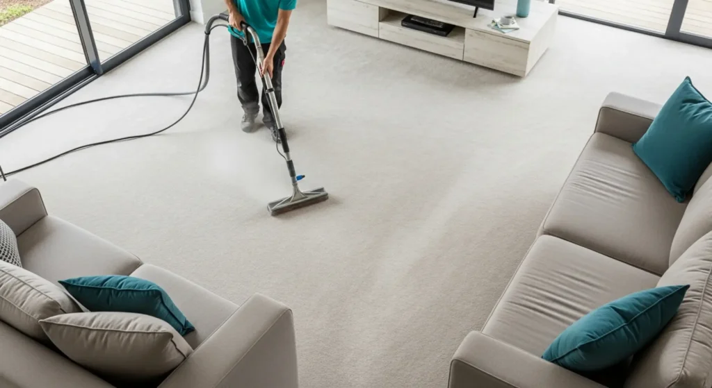Person in teal shirt using professional steam cleaning equipment on beige carpet in bright modern living room with grey sectional sofa and teal accent pillows