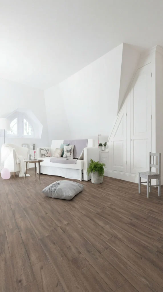 Bright minimalist bedroom featuring warm brown wood-look sheet vinyl flooring, white walls, a gray upholstered bed with decorative pillows, potted green plant, and natural light from an arched window.
