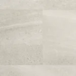 Close-up view of light gray sheet vinyl flooring sample showing two rectangular tiles with subtle stone texture and visible grout lines separating the sections.