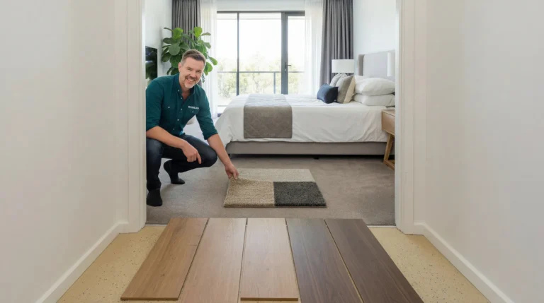 Smiling flooring professional in teal shirt crouching beside wood flooring samples in bedroom, pointing to carpet and rug display with modern bed and natural light background