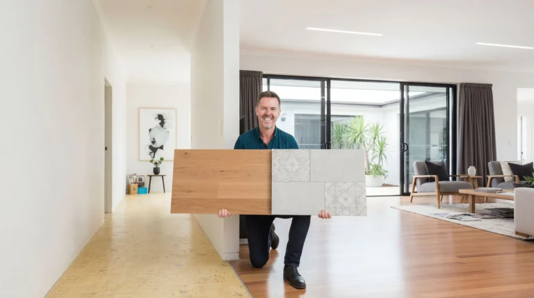 Man kneeling in modern home interior holding flooring samples including wood and patterned tiles, with open-plan living space and large windows visible behind him