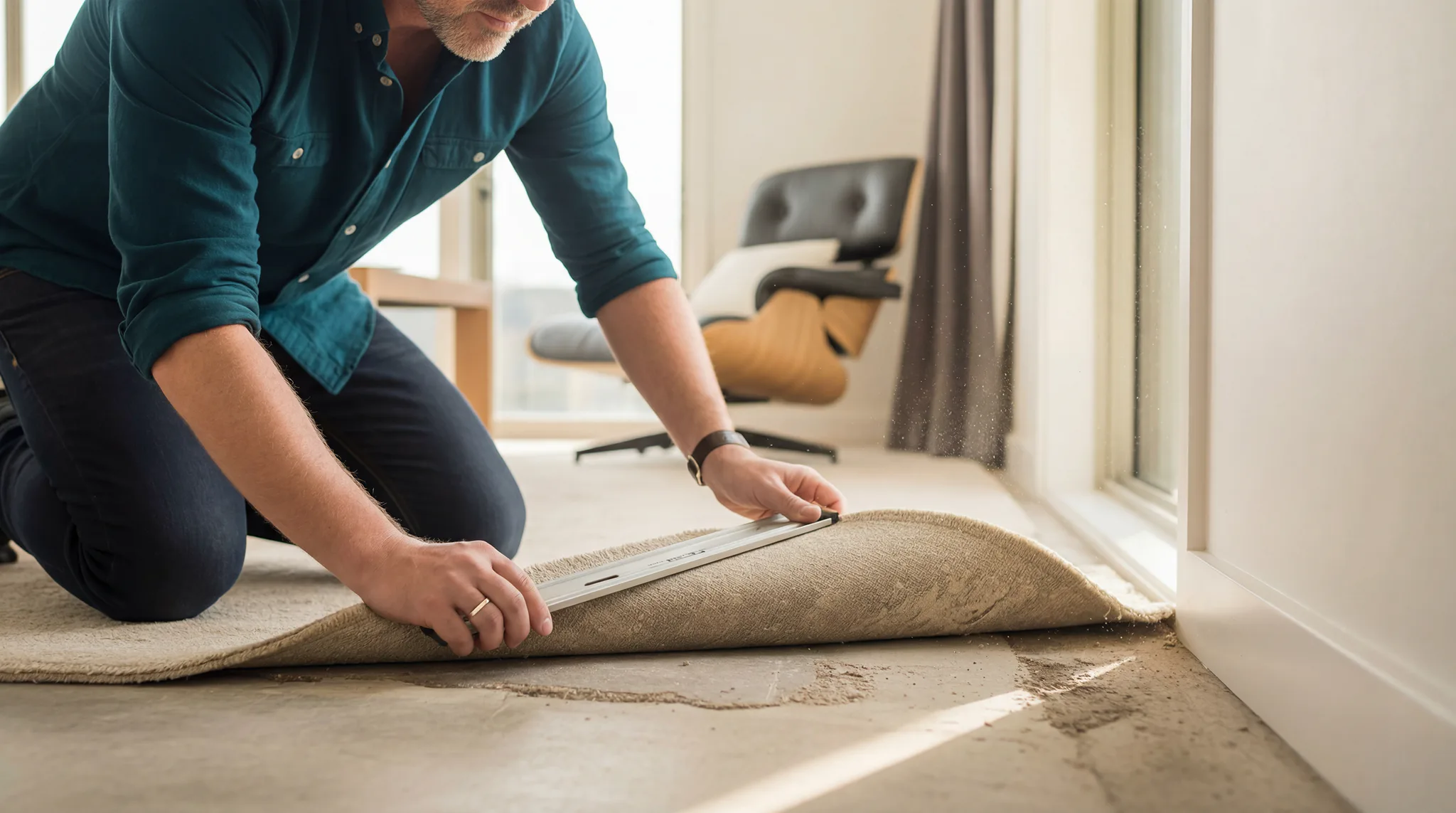 Bearded man in teal shirt kneeling on concrete floor, carefully measuring beige carpet with metal tape measure near window in bright room.