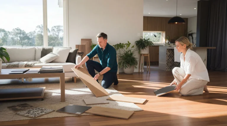 Two professionals reviewing flooring samples and materials with a homeowner in a bright, modern living room with hardwood floors and large windows overlooking trees.