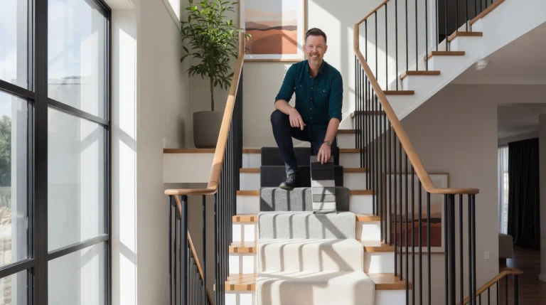 Man sitting on wooden stairs with cream and gray striped carpet runner, metal railings on both sides, bright natural light from windows, potted plant visible