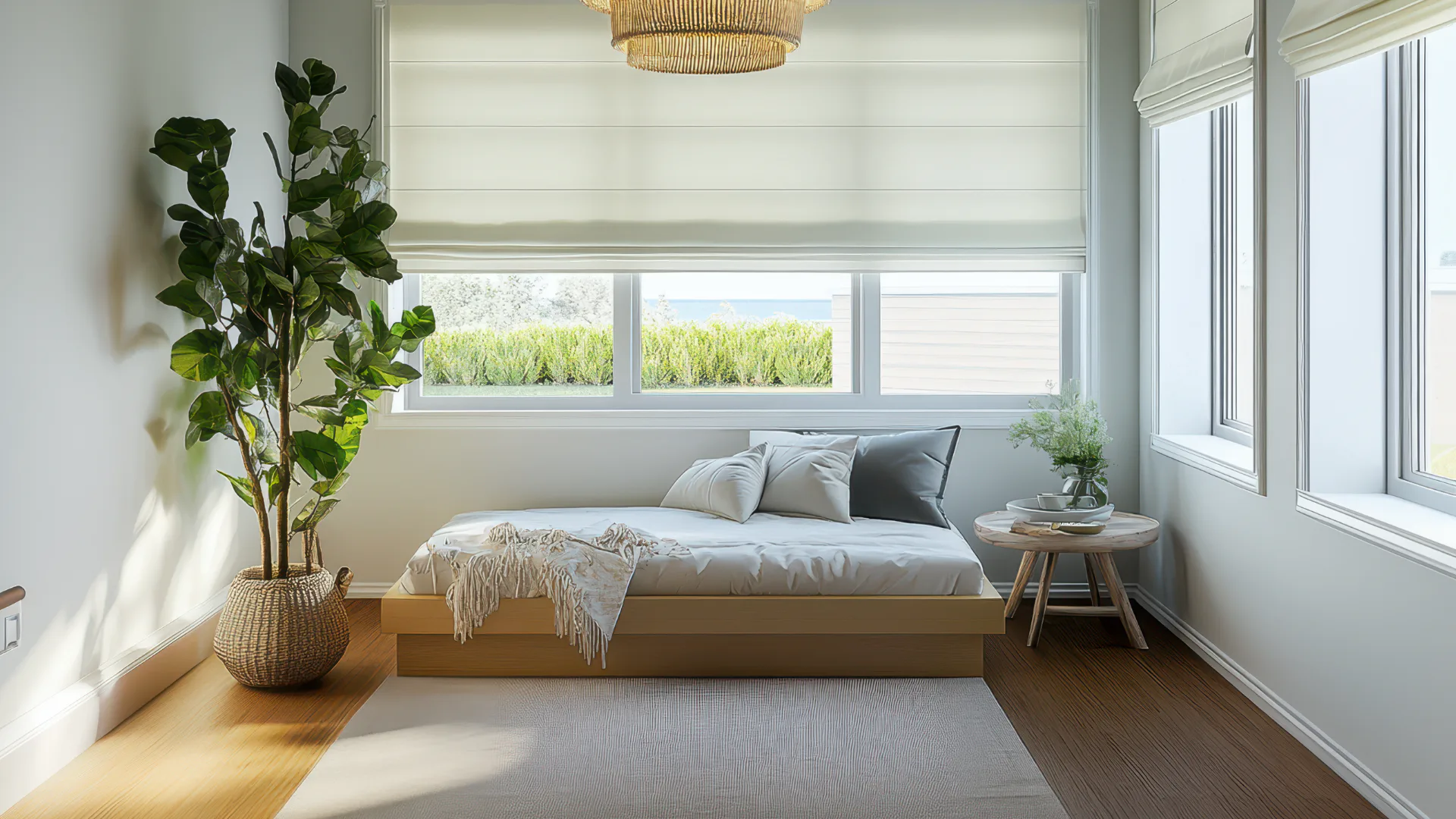 Bright modern bedroom featuring a wooden platform bed with neutral pillows, woven rattan pendant light, motorized white roller shades, potted tropical plant in basket, wooden side table, and expans...