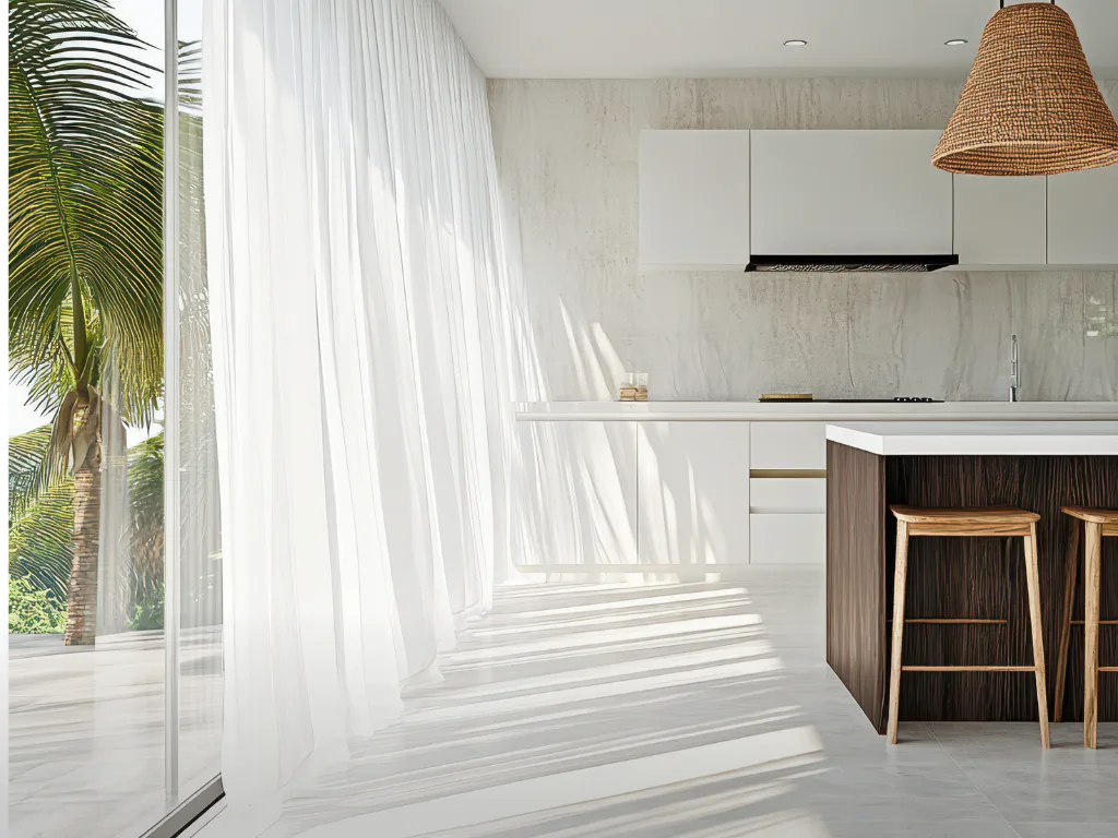 Bright minimalist kitchen with white cabinetry, marble backsplash, woven pendant light, and wooden bar stools. Large windows frame tropical palm leaves, flooding the space with natural sunlight cas...