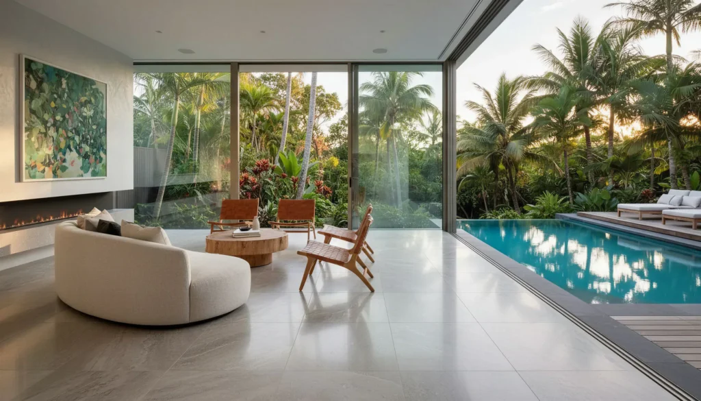 Luxury modern living room with curved cream sofa, wooden chairs, polished white tile flooring, fireplace, and floor-to-ceiling windows overlooking a turquoise swimming pool surrounded by tropical p...
