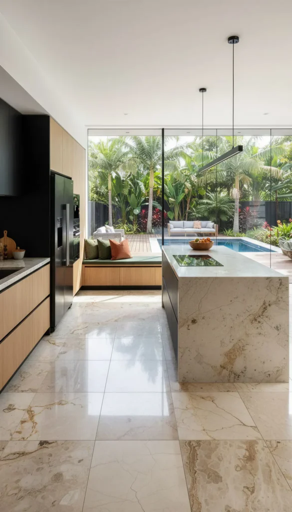 Contemporary kitchen with marble tiled flooring, light wood cabinetry, black appliances, and marble island overlooking a covered patio with lounge seating and swimming pool surrounded by tropical p...